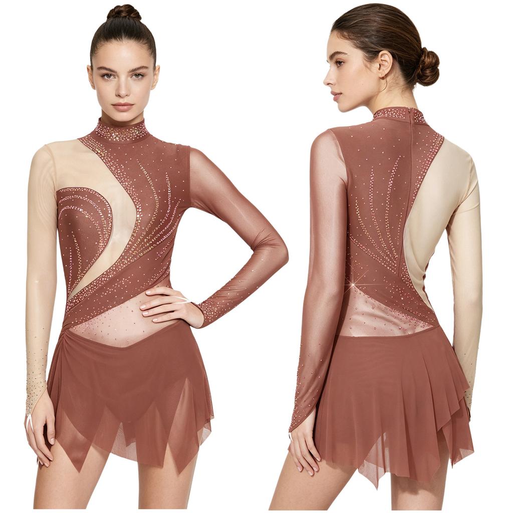 Damen Funkelndes Strass-Trikotkleid Durchsichtiges Netz Langarm Rollkragen Farbblockierung Asymmetrischer Saum für Eiskunstlauf Lateinische Performance