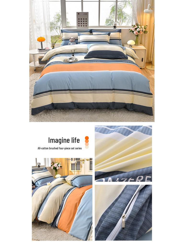 New Stylish Skin-Friendly Cotton Flannel Bedding Set - Thickened Plaid & Floral Design for Students