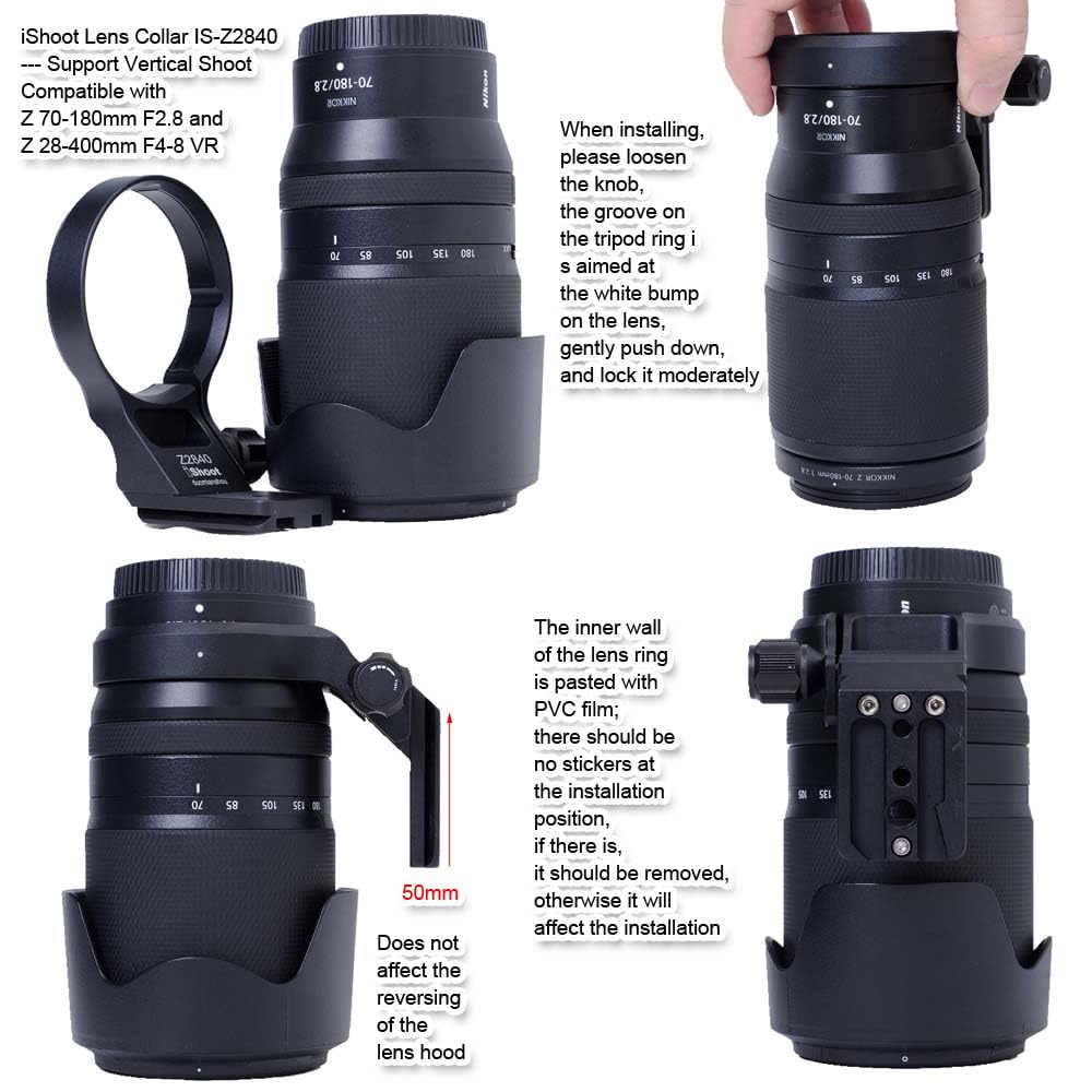Inel obiectiv cameră compatibil cu obiective Nikon precum Z VR și Z Include suport obiectiv, suport obiectiv, montură trepied și eliberare rapidă