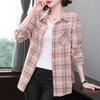 Women's Casual Green Pink Plaid Long Sleeve Button Down Shirt