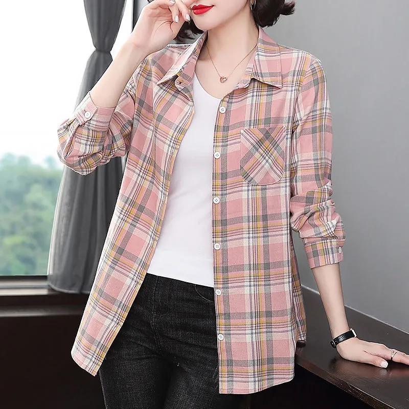 Women's Casual Green Pink Plaid Long Sleeve Button Down Shirt