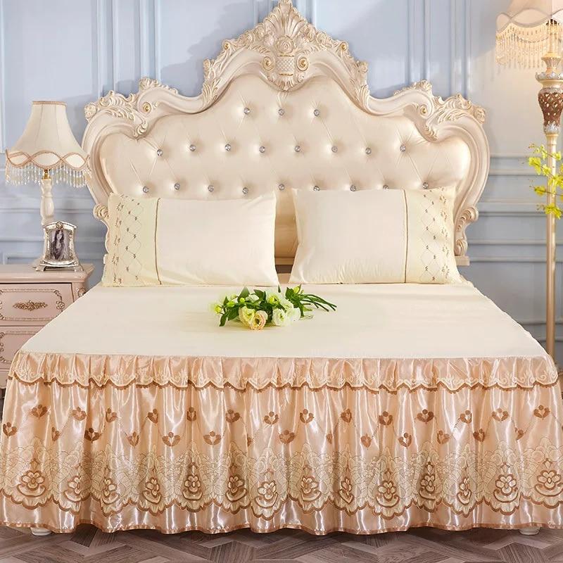 Princess Lace Bed Skirt Floral Embroidery Bed Skirt Non-slip Bed Cover Queen King Bedspread Bedding Mattress Cover Bedding Decor