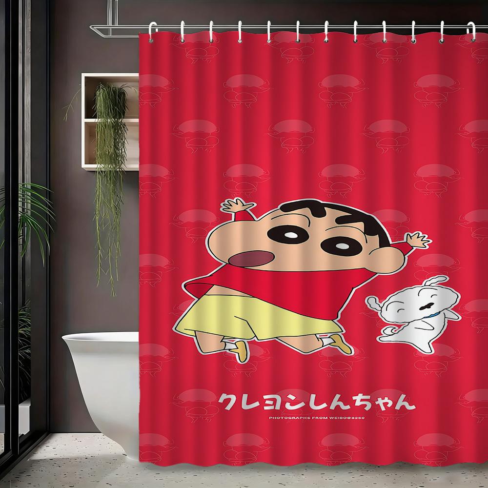 Crayon Shin-Chan & Shiro Best Friend Flying Scene 2D Print Waterproof Shower Curtain, Sweet Pink With Clouds & Daisies Bathroom