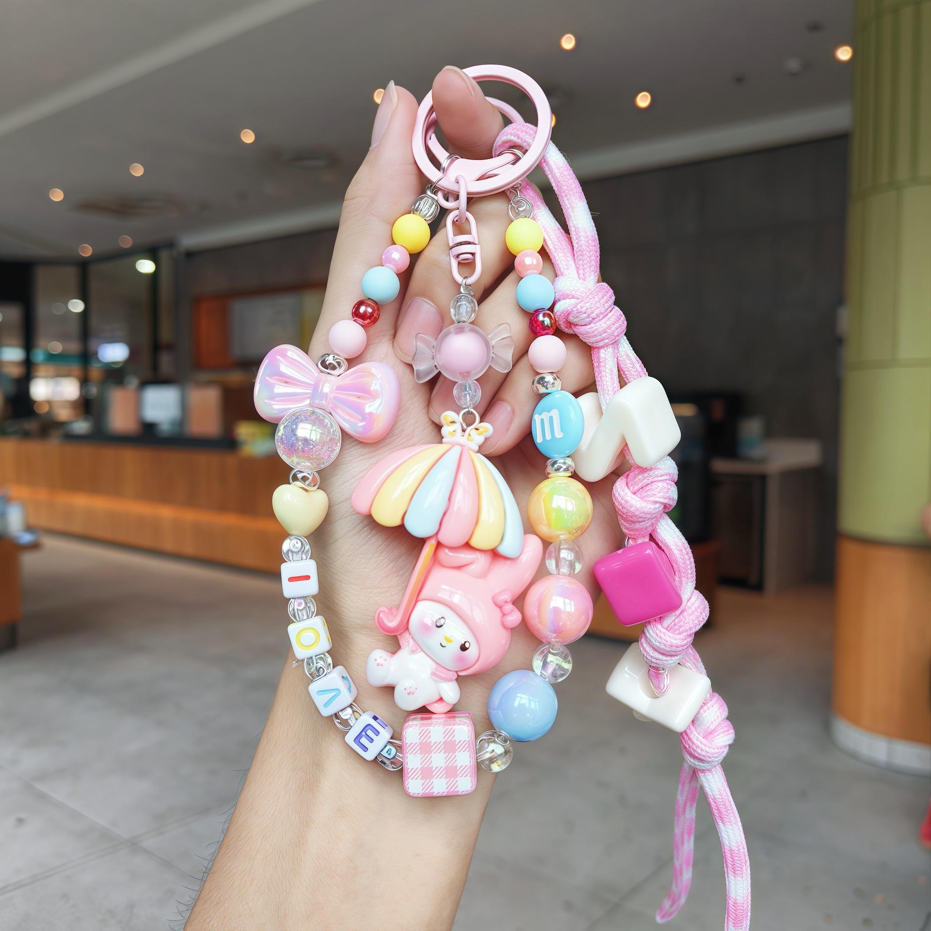 

Macaron Dopamine Beaded Umbrella Sanrio Doll Lanyard Car Keychain Bag Mobile Phone Pendant