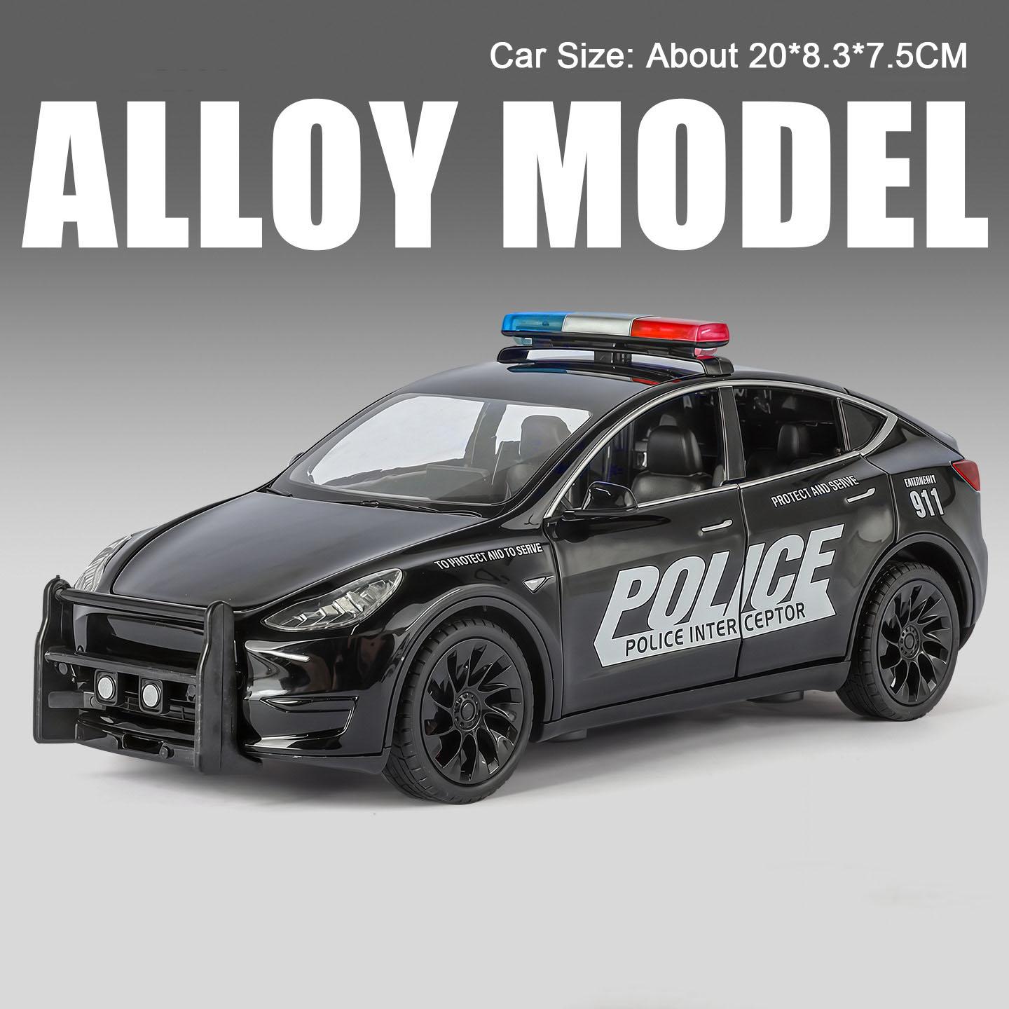 

1:24 MODEL Y Модель автомобиля Игрушка Металлическая литая Двери открываются Амортизация Полицейские машины Звук Свет Модели транспортных средств Настольное украшение