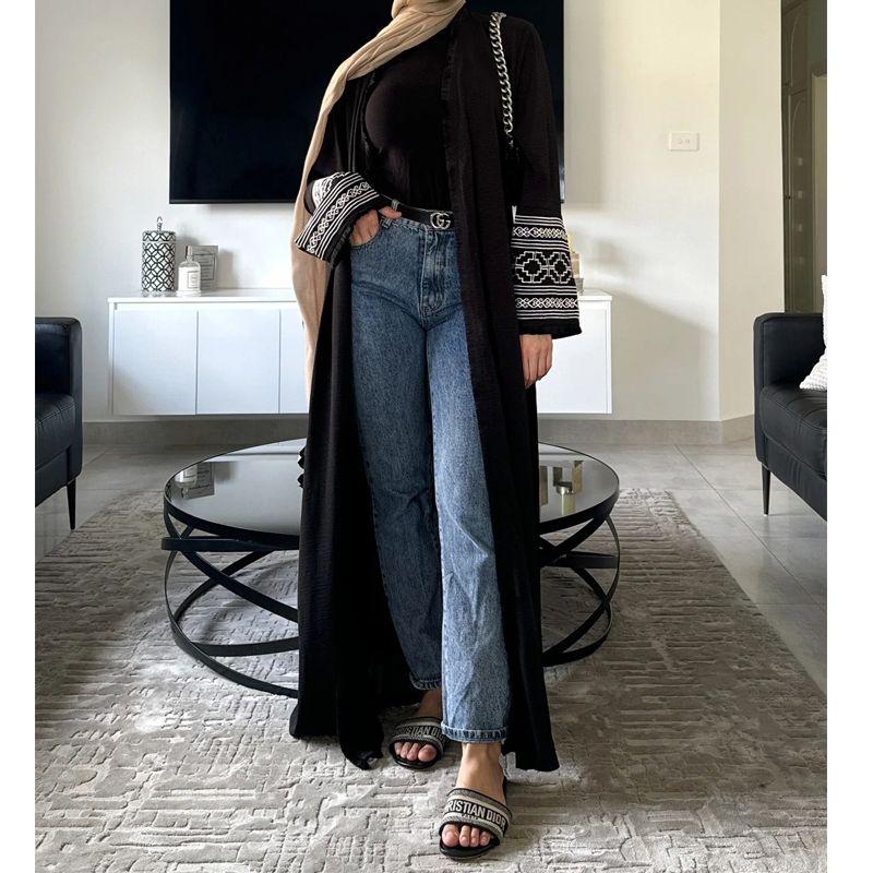 2025 Middle East Indonesia Boutique Embroider Fashion Tassel Cuff Pure Color Cardigan Dubai Arab Robe Dress