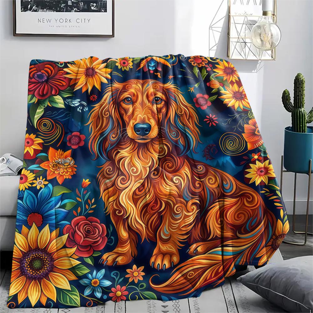 Sunflower Flowers and Puppies Print Flannel Blanket,High Quality Comfortable for All Seasons,Home Decor,Warmth and Comfort,Perfect for Christmas Gifts