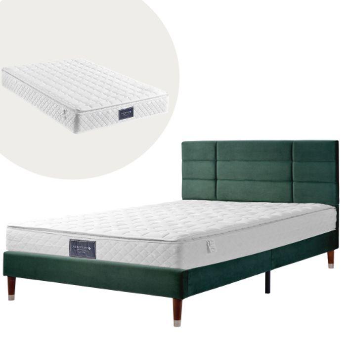 Lit rembourré - MUVOE - 140x200 cm - Velours vert foncé - Matelas à ressorts inclus - 2 places