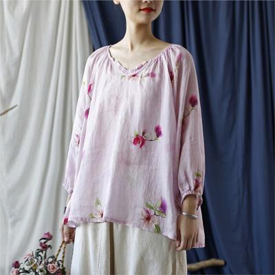 Women Vintage Pink Print Floral T-Shirts V-Neck Ramie Autumn Tees Loose Lantern Sleeve Clothes Soft T-Shirts