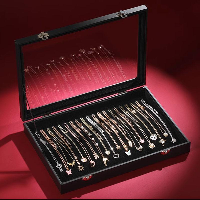 Luxurious Goose Down Lined Tray Necklace Storage Box-Glass Top Drawer Necklace Display Box-Dustproof Necklace Jewelry Box чёрный