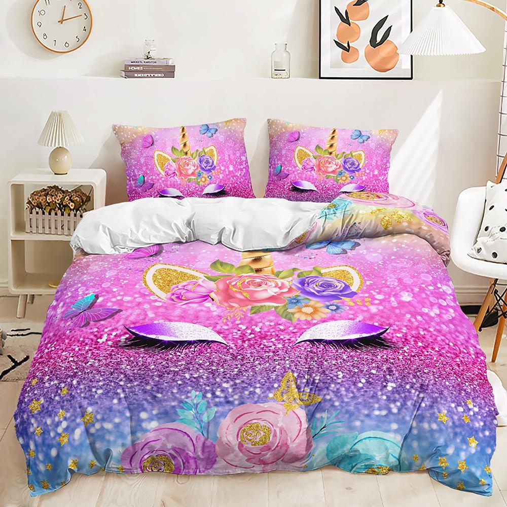 Three-Piece Closed-Eye Unicorn Eyelash Quilt Cover Bedding Kit Children'S Room