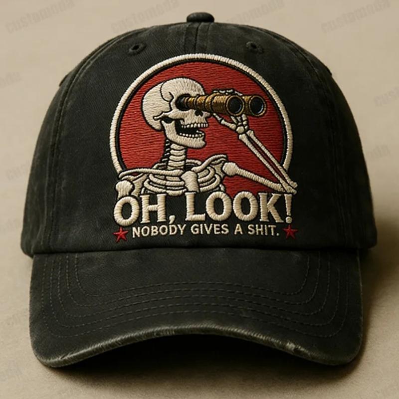 Embroidered Letters Baseball Cap Skeleton Design Adjustable Strap Lightweight Cotton Casual Sporty Headwear