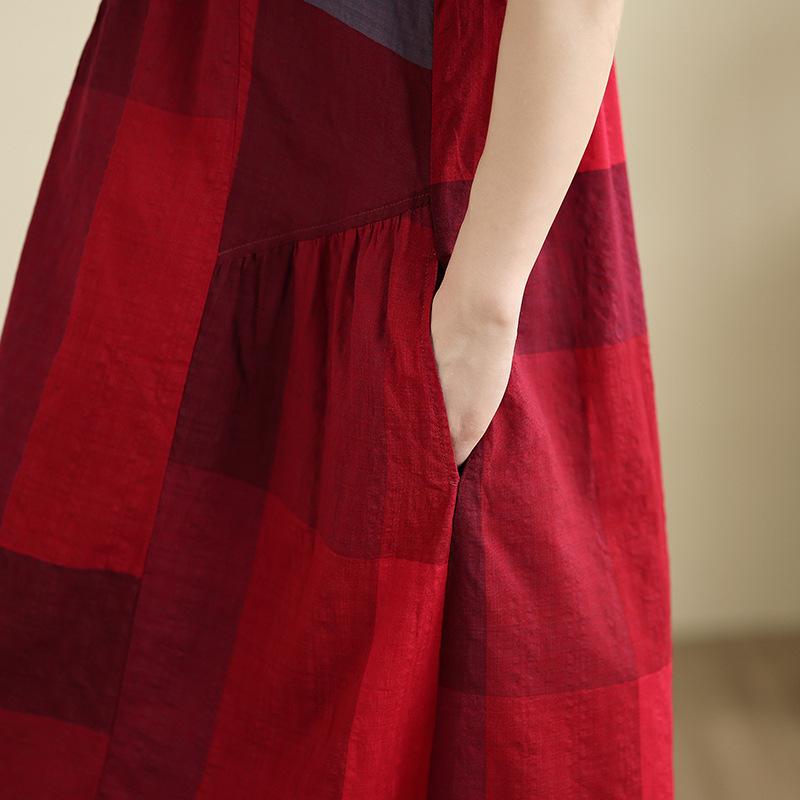 Summer 2025 Retro Cotton Linen Patchwork Dress - Women's Plus Size, Round Neck, Short Sleeve.