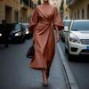 Women Dress Slim Waist Solid Color Dolman Sleeves Midi Dress Calf Length Evening Dress Round Neck Long Dress for Commuting Party Dating