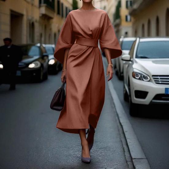 Women Dress Slim Waist Solid Color Dolman Sleeves Midi Dress Calf Length Evening Dress Round Neck Long Dress for Commuting Party Dating