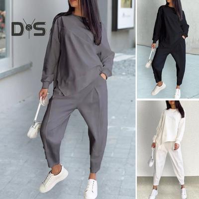2 Teile/satz Herbst Frühling Frauen Top Hosen Set Lange Ärmel O Hals Unregelmäßigen T-shirt Elastische Taille Hose mit Seite Taschen OL Pendeln Sport Hosenanzug