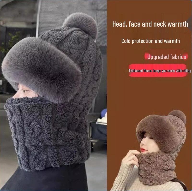 Women's Winter Cycling Full Face Hood with Earmuffs and Neckband, Windproof, Plus Velvet, All-in-One Hat.
