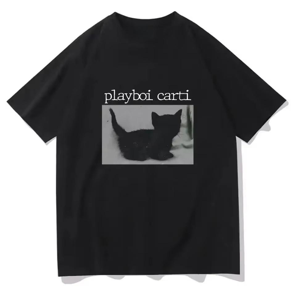 Summer Playboi Carti Oversized HipHop T Shirts Cute Cat Harajuku Print Tee Regular Mens Tops Quality Rapper T Shirt Jogging Tee S
