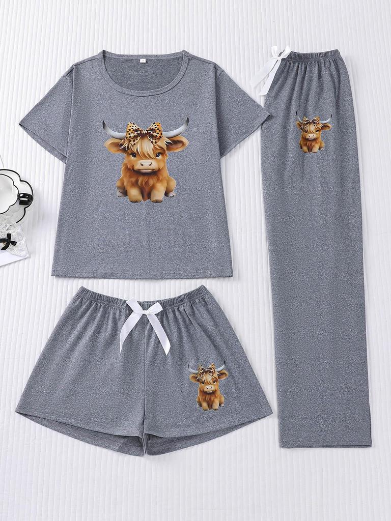 Kälberdruck 3-teiliges Set: Kurzarm-Oberteil, Shorts & Hosen - Niedliche und bequeme Homewear