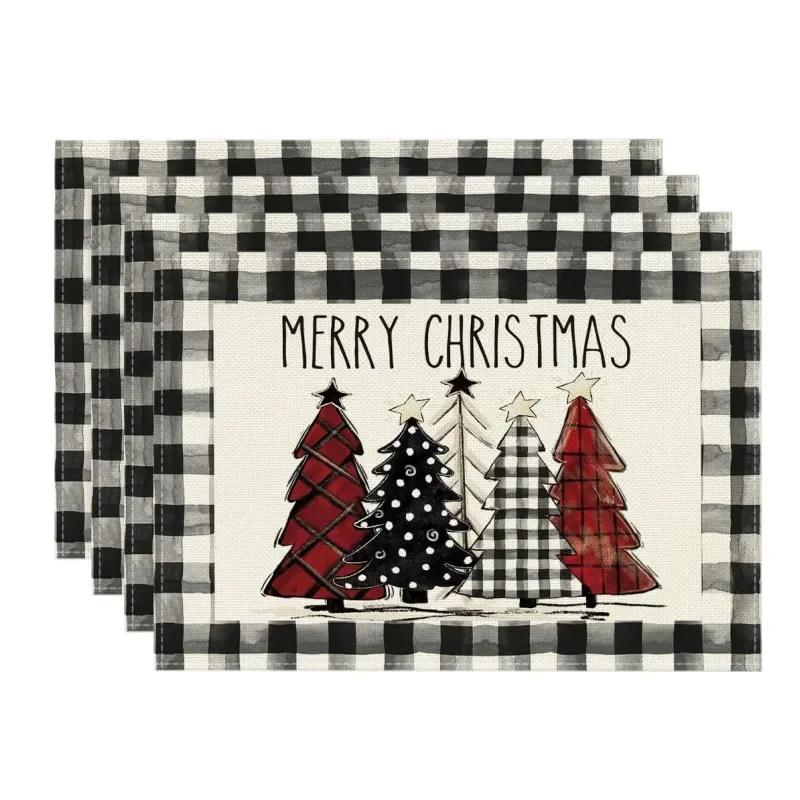 4pcs Christmas Placemat Theme Placemat Red Black Decorative Table Mat Western Meal Table Pad Christmas Dining Table Decor