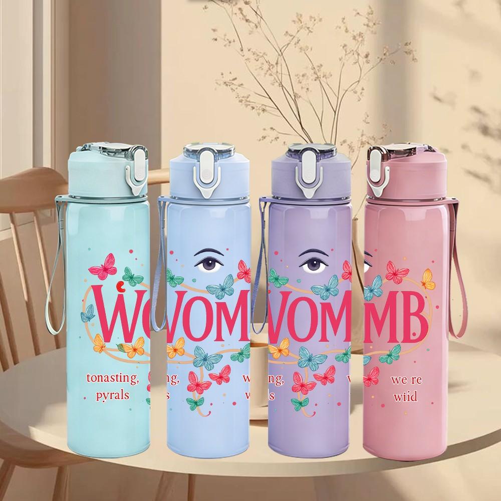 1PC Womb Butterfly Letter Print 750ml Color Plastic Sports Water Bottle Leakproof Flip Straw Lid Suitable for Sports Office Home Use