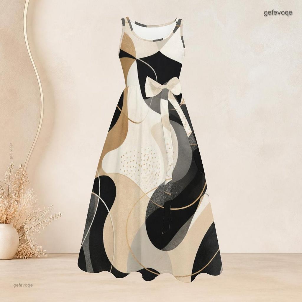 Women Plus Size Round Neck Sleeveless Abstract Printed Tie Waist A Line Long Dress
