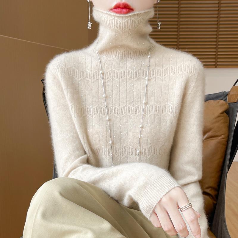 Women's Pure Wool Rhinestone Embellished Knit Top, Stacked Collar, Long Sleeve, Hollow Design for Autumn/Winter