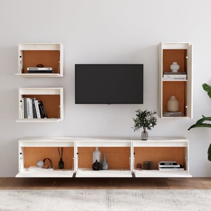 VidaXL Meubles TV 6 pcs Blanc, Bois massif de pin
