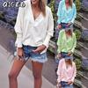 Women's Fashion Casual Solid Color Print Long Sleeve V Neck Blouses & Shirts