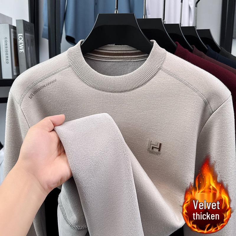 Men s Casual Warm Velvet-Lined Round Neck Hoodie Sweater L бежевый