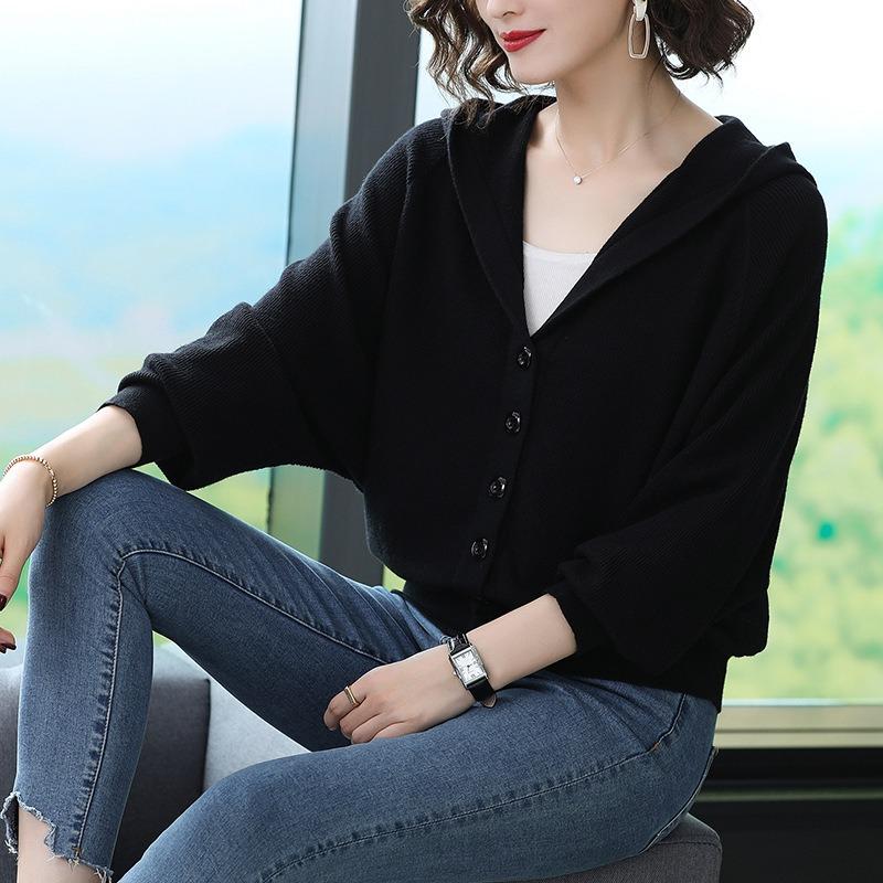 Autumn New Loose and Versatile Korean Top Short Hooded Knitted Jacket Women's Sweater Cardigan