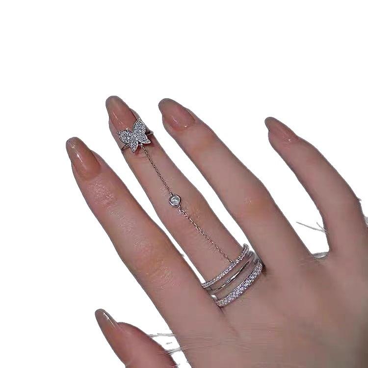 Cold Wind Fashion High-End Double Butterfly One-Piece Ring Women'S Niche Design Sense Integrated Light Luxury Butterfly Double Ring