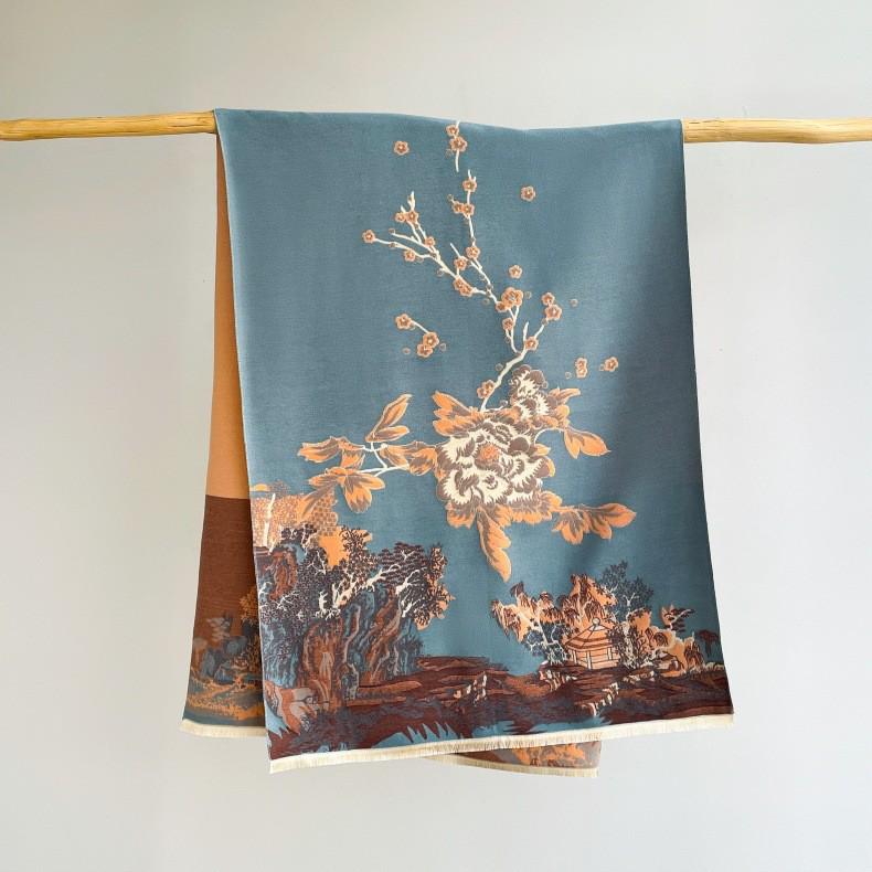 400g Retro Ethnic Bluebird Scarf: Women's Winter Warm Neck Warmer, High-End Imitation Cashmere Shawl.