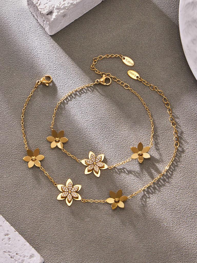 European American Fashion Zirconia Flower Heart Pendant Necklace, Bracelet, Earrings, Ring, and Bangle Set