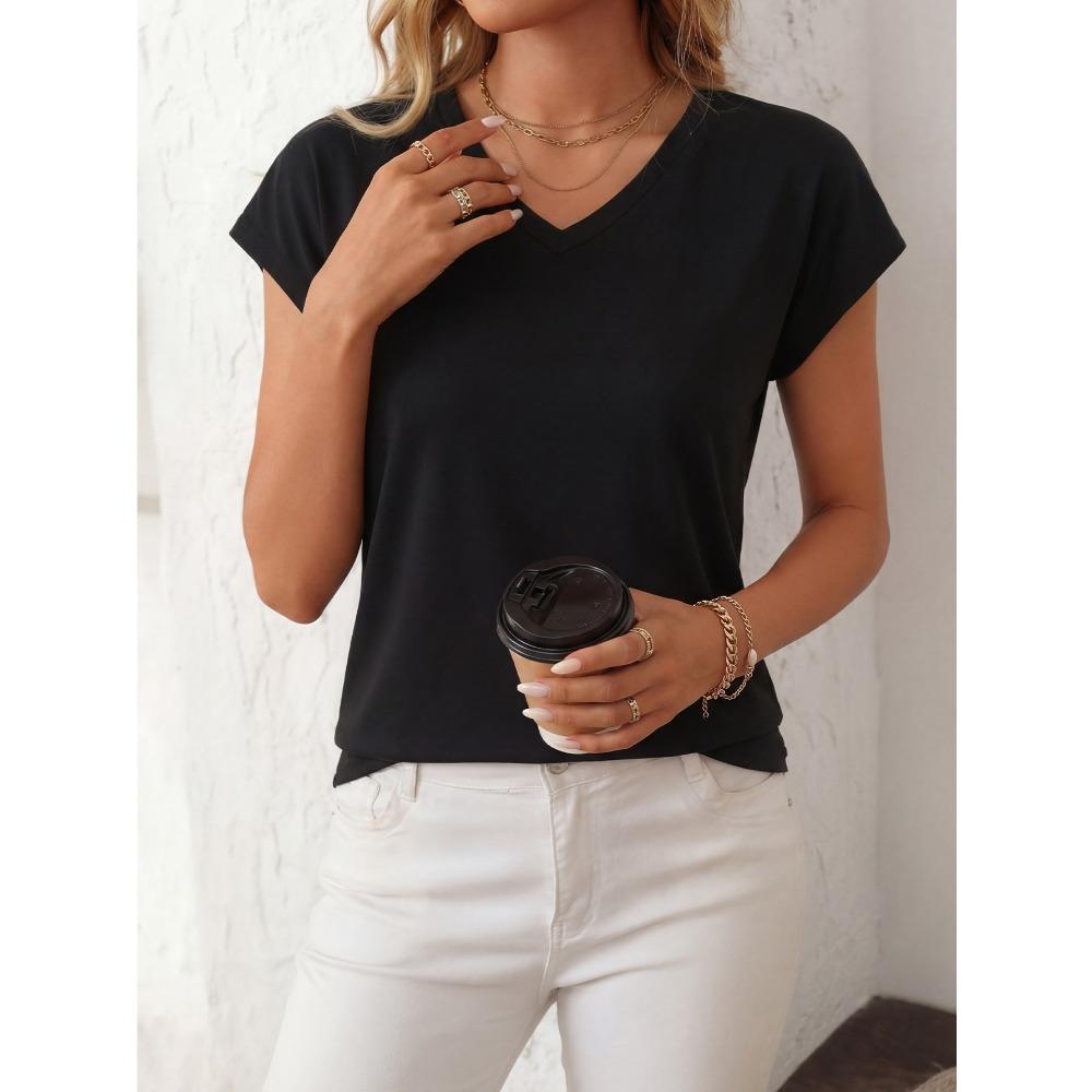 Women's V Neck Cap Sleeve Loose Fit Solid Color Brushed Knit Basic T Shirt Casual Spring Daily Blouse