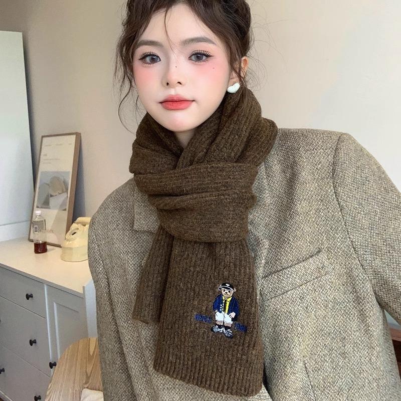 Cute Bear Embroidered Scarf New Winter Women's Wool Warm Knitted Versatile Scarf Korean Atmosphere