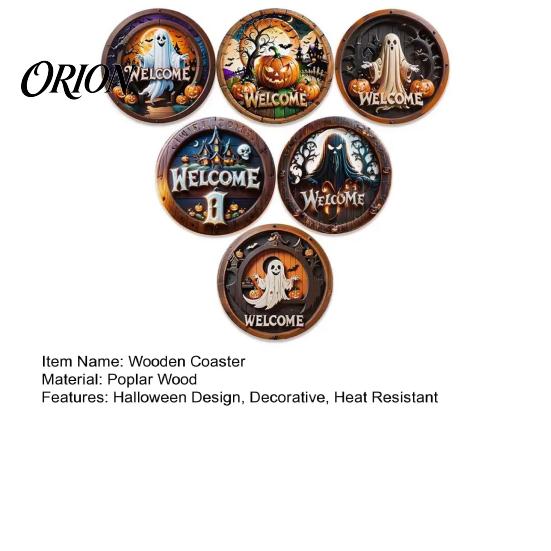 Halloween Wooden Coasters 6Pcs/Set Coasters, Retro Pumpkin Ghost Drink Heat Resistant Cup Holders Round Insulation Pads for Dining Table Holiday Decor