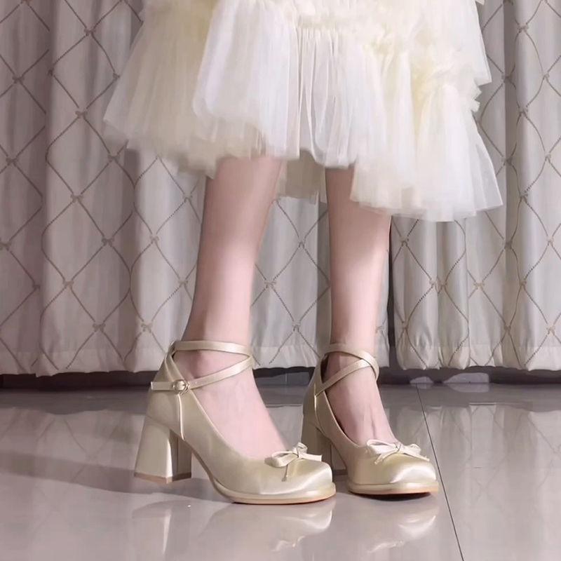 Fashion Women's Shoes French Style Platform Single Shoes Fashion Butterfly-knot High Heels Mary Jane Shoes High Quality Silk Dress Pumps