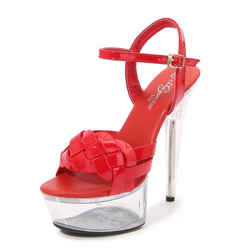 Fashion 15cm Woven Sandals Transparent Crystal Thin with Waterproof Platform Model Catwalk Nightclub Performance High Heels Female