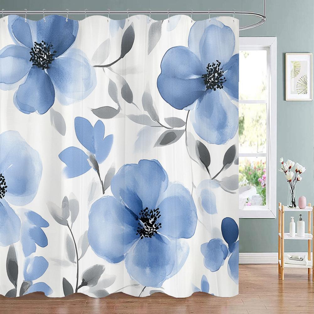 Beautiful and Elegant blue Flowers Pattern Shower Curtain,  Bathroom Decorative Shower Curtain,Home Curtain with Hooks