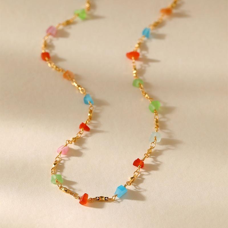 Boho Colorful Crystal Beaded Gold Plated Clavicle Necklace For Women