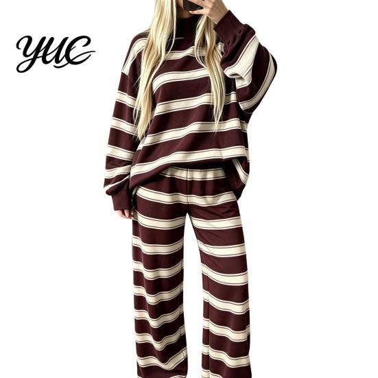 Comfy Sleepwear Sets 2Pcs/Set Women Casual Tracksuit, Mock Neck Long Sleeve Tops, Wide Hoodie Track Pants Leg Sweatpants, Striped Print Outfit