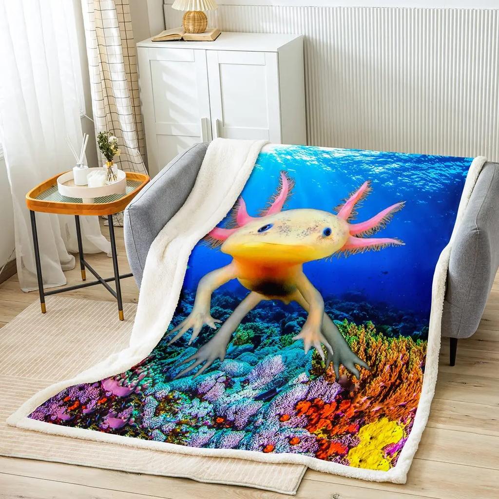 Cartoon Axolotl Blanket Kawaii Ocean Animal Throw Blankets for All Season Seaweed Aquarium Soft Flannel Sofa Blanket for Kids