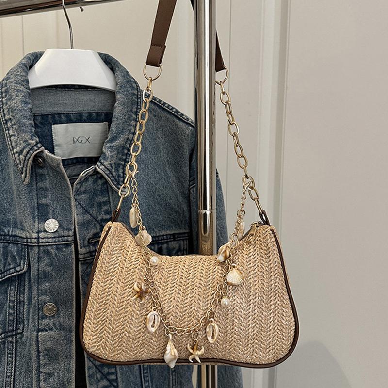 Yogodlns Summer New Women Simple Shoulder Bag Fashion Straw Fashionable Versatile Crossbody Bag Lightweight Casual Commuting Bag