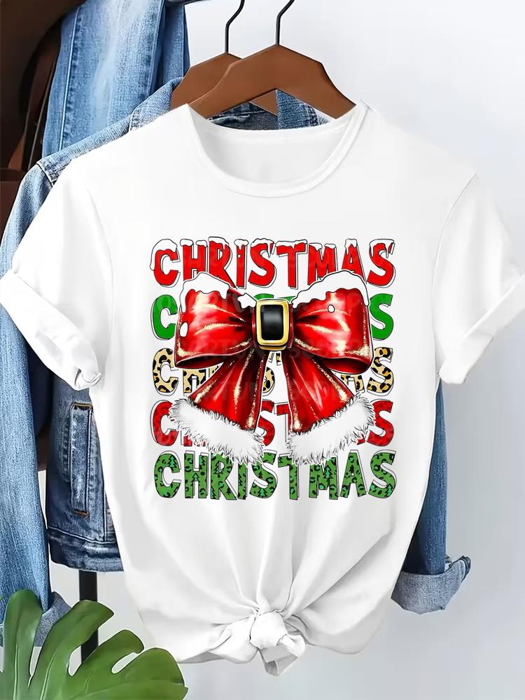 (Asian Size) tree cute style T Shirt Print Fashion Merry Christmas Women's Top Short Sleeve T-shirts O-neck Casual New Year Clothing Graphic Tee