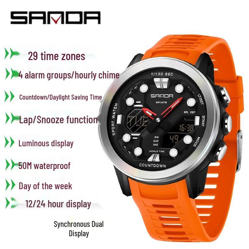 SANDA Multifunction Waterproof Digital Watch with Fluorescent Display, 29 Time Zones, Daylight Saving, 4 Alarms, Student-Friendly