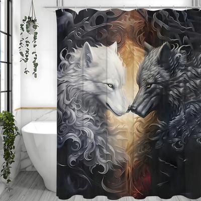 Black and White Wolf Pair Game Shower Curtain, Bathroom Decorative Shower Curtain, Waterproof Shower Curtain with Hooks