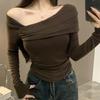 Women Sexy Slim Fit Long Sleeve Oblique Collar Off Shoulder Base T Shirt