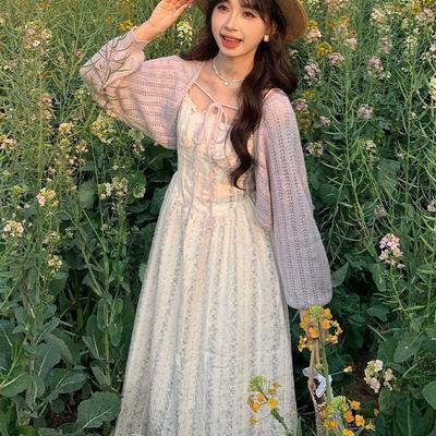 Women's Spring Lace Camisole Dress with Knitted Cardigan Set