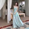 Seaside Vacation Wind Green Suspender Dress Women's Summer Temperament Mesh Stitching Waist Thin A-word Skirt Long Dress